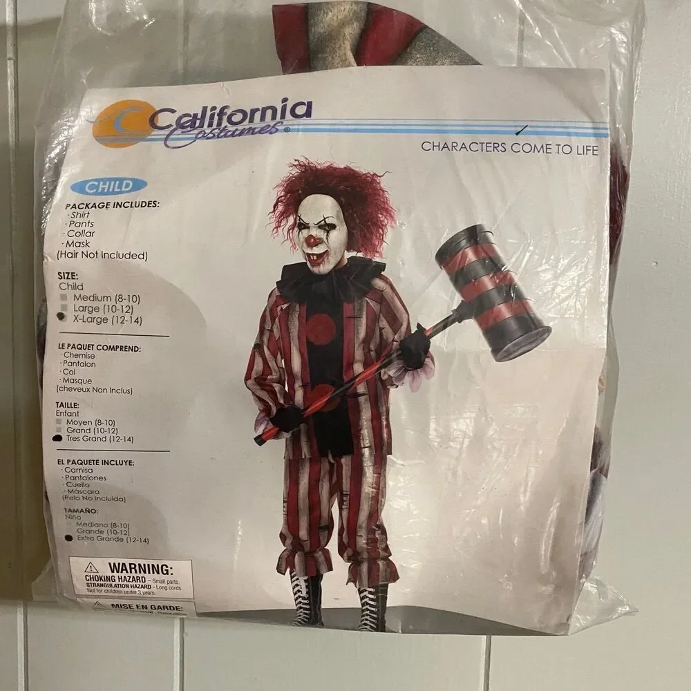 Nightmare Clown Costume Evil Scary Clown Halloween Cosplay Suit Mask New XL Kids